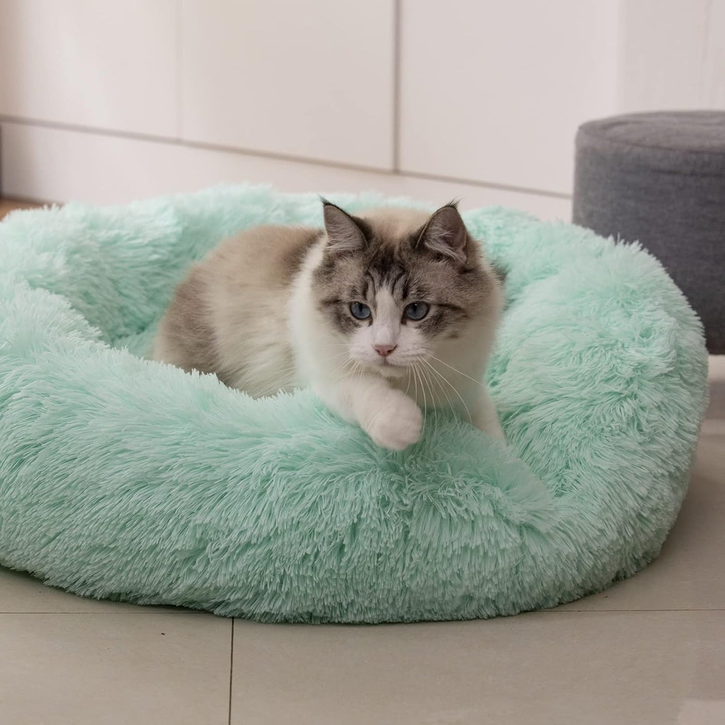 Anti Anxiety round Fluffy Plush Faux Fur Warm Washable Dog Bed & Cat Bed, Original Bed for Small Medium Large Pets,Used to Relieve Joints and Improve Sleep(20"/24"/27'') (27", Light Green)