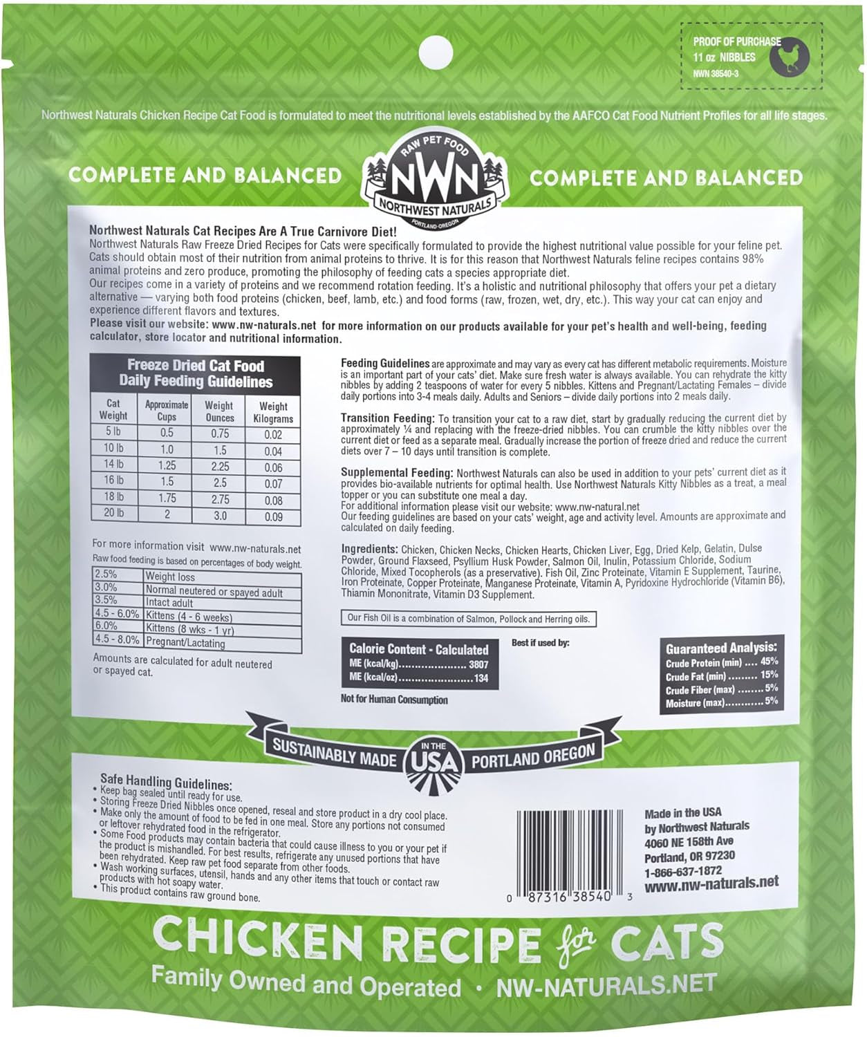 Freeze-Dried Chicken Cat & Kitten Food – Bite-Sized Nibbles – Healthy, Limited, Human-Grade Ingredients, All-Natural, High-Protein Raw Diet – Complete & Balanced, Made in USA, 11 Oz