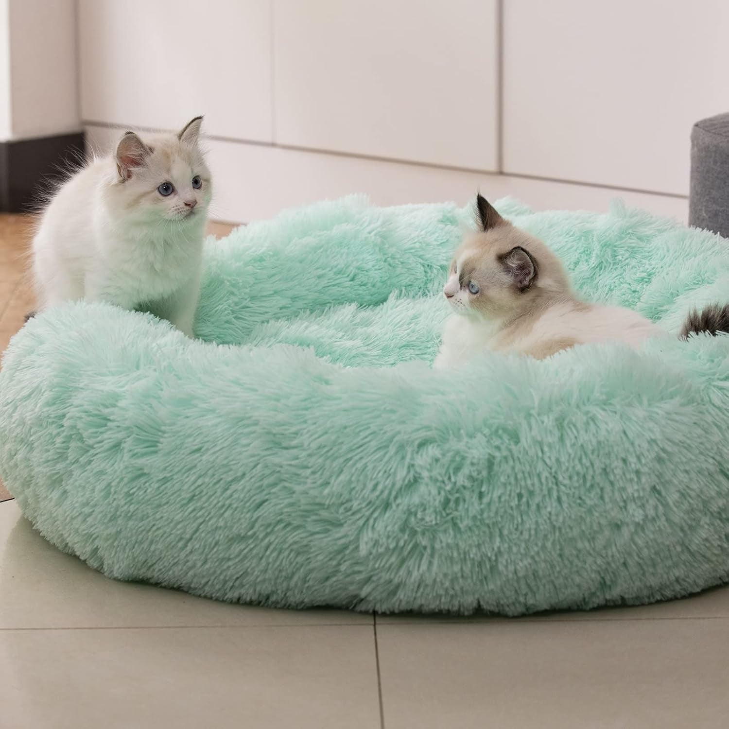 Anti Anxiety round Fluffy Plush Faux Fur Warm Washable Dog Bed & Cat Bed, Original Bed for Small Medium Large Pets,Used to Relieve Joints and Improve Sleep（20"/24"/27''） (27", Light Green)