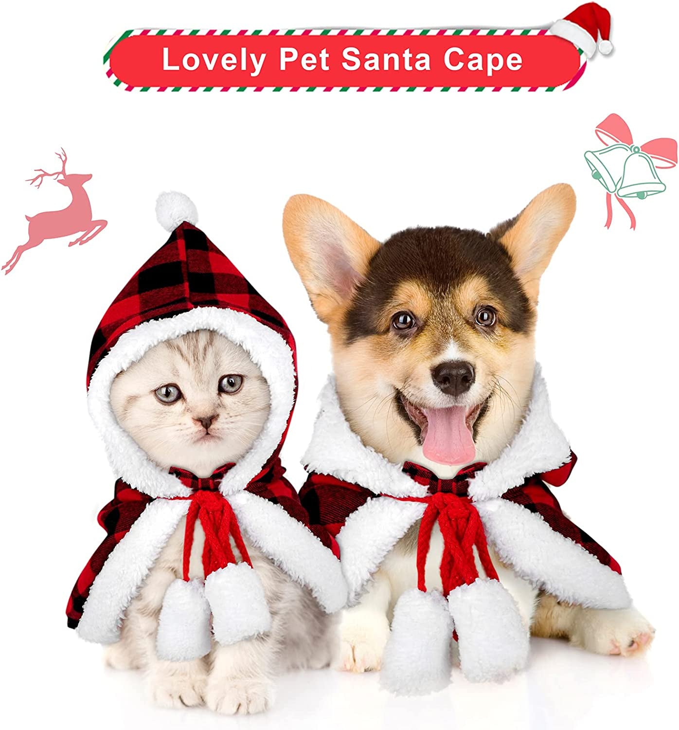 Christmas Cat Dog Costume Red Black Buffalo Plaid Pet Santa Cape with Xmas Hat Cat Collars with Bell and Bowtie Cats Cloak Pet Costume for Party Cosplay Christmas Pets Dress up (Medium)