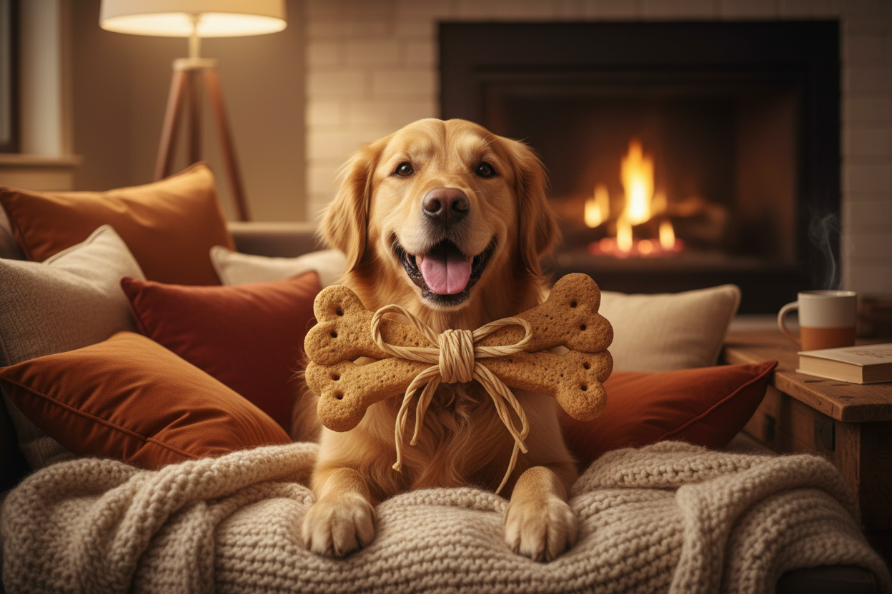 dog with a bow of treats in its mouth cozy atmosphere