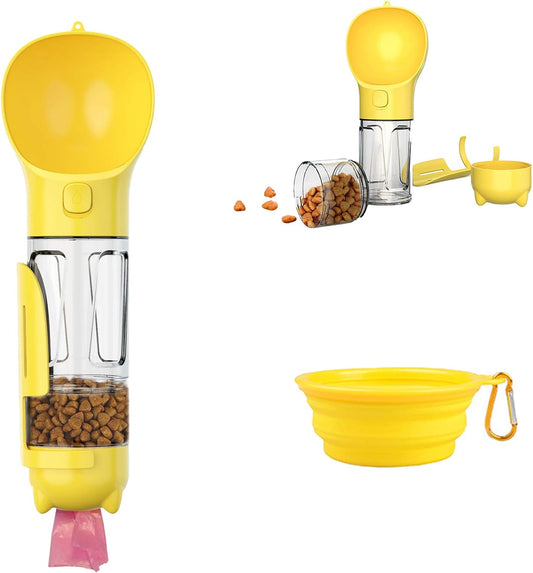 Dog Water Bottle, 4 in 1 Pet Travel Water Cup with Food Box, Shovel,Garbage Bags for Hiking Travel(Yellow)