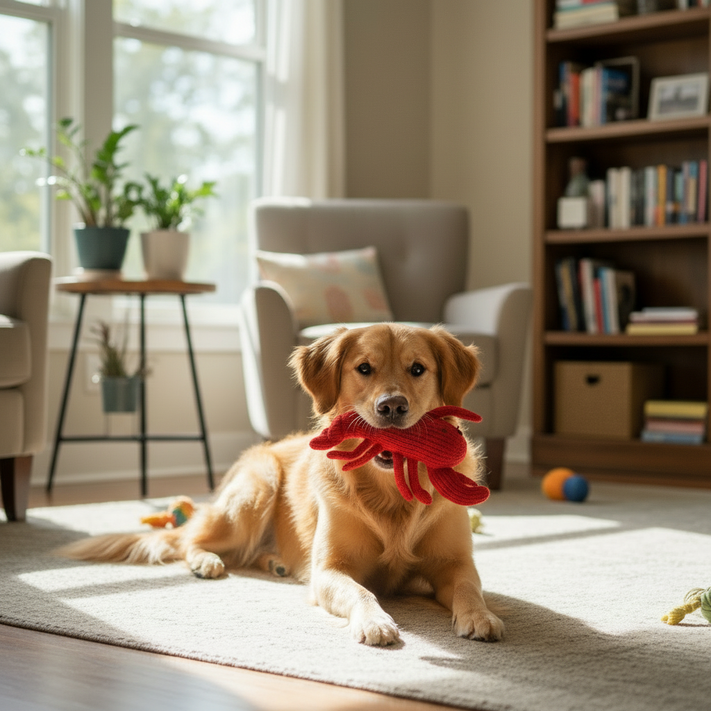 make the dog lie down on the floor with the toy in its mouth